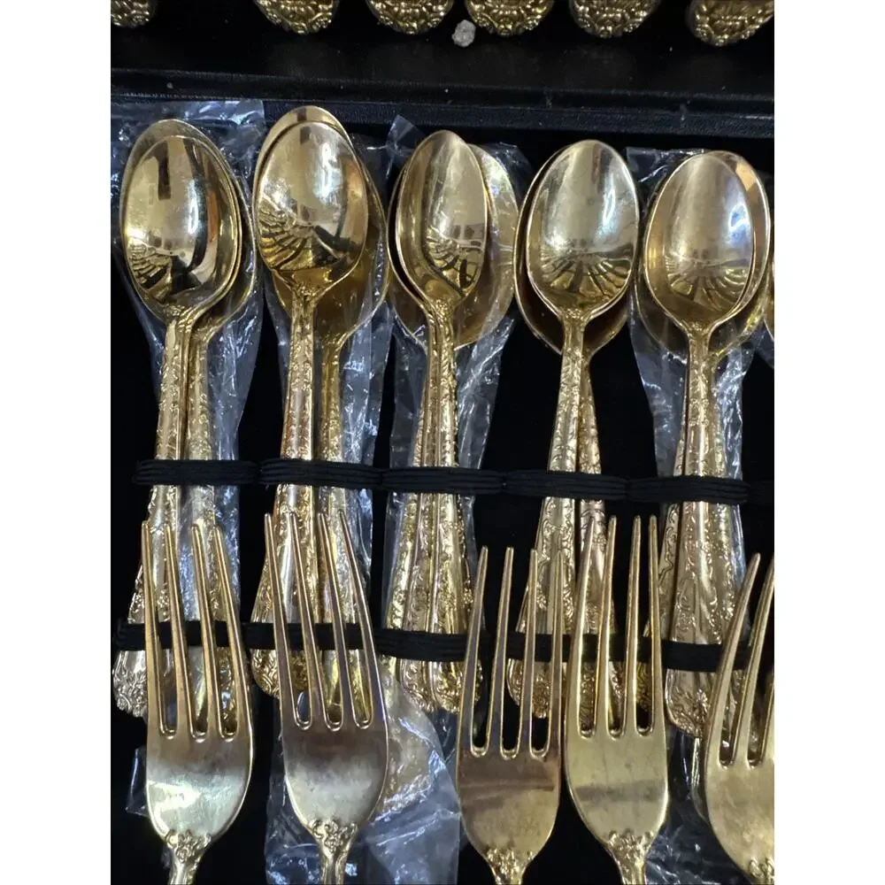 WM Rogers Enchanted Rose Gold Plated Flatware Set 63 Pc Service for 12 Case Vtg